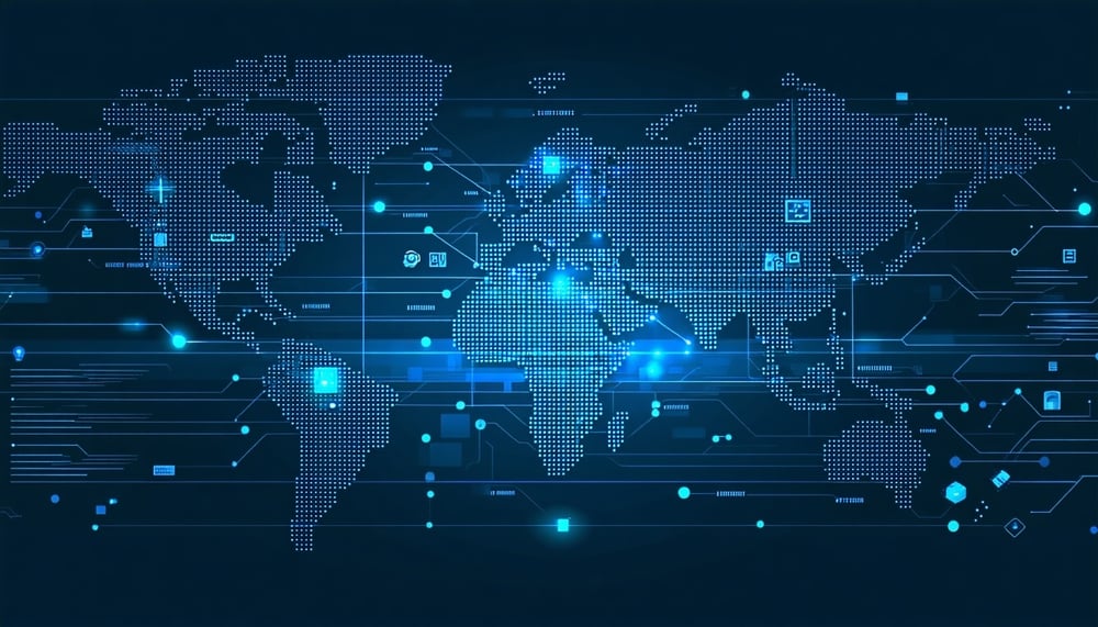 Blackpoint Cyber 247 SOC MDR styrker Microsoft Defender, Digitalt verdenskart med lysende forbindelseslinjer mellom ulike verdensdeler, som illustrerer global nettverksforbindelse og datakommunikasjon.
